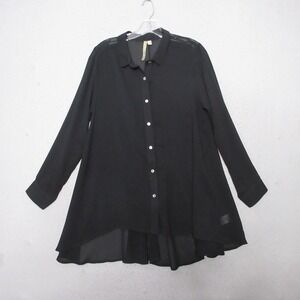 Comfy USA Tunic Top Small Black High Low Sheer Lagenlook Button Oversized Artsy